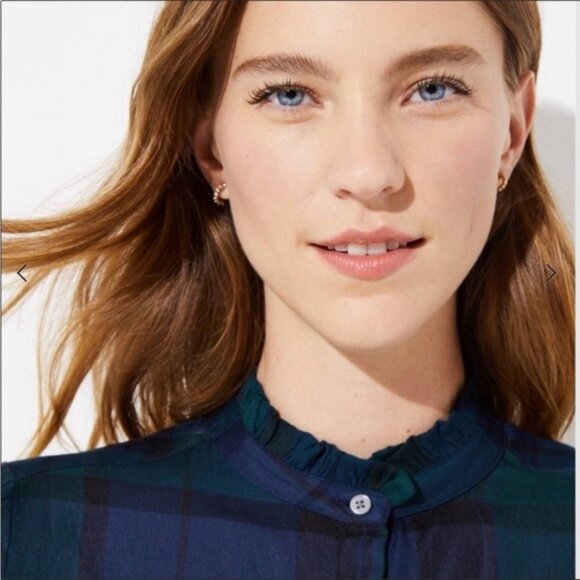 LOFT | Plaid Tartan Ruffle Button Down Long Sleeve Blouse | Blue/Green | XL - Picture 3 of 12